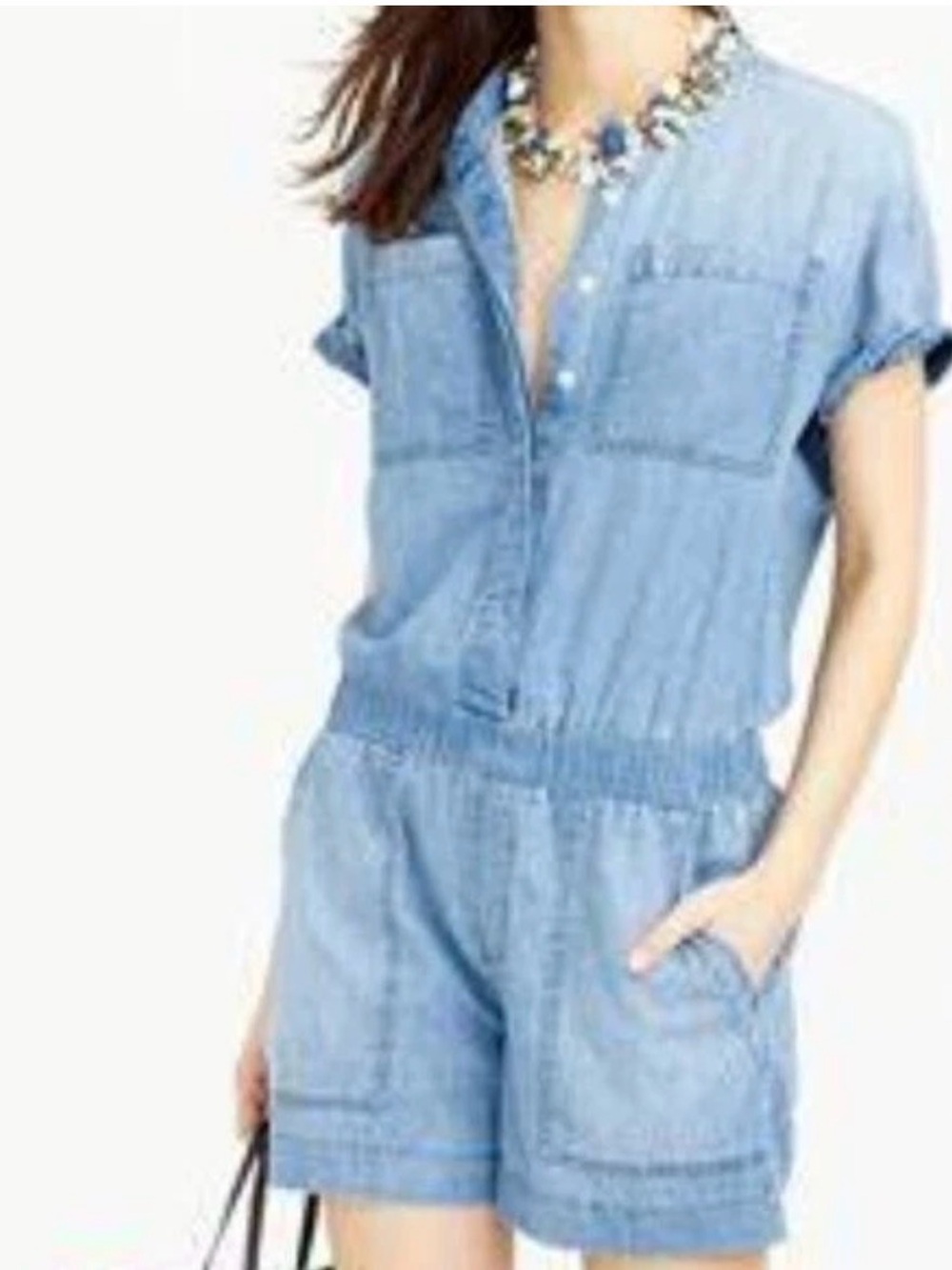 J Crew cotton linen blend Chambray Denim Blue Romper Shorts Jumpsuit